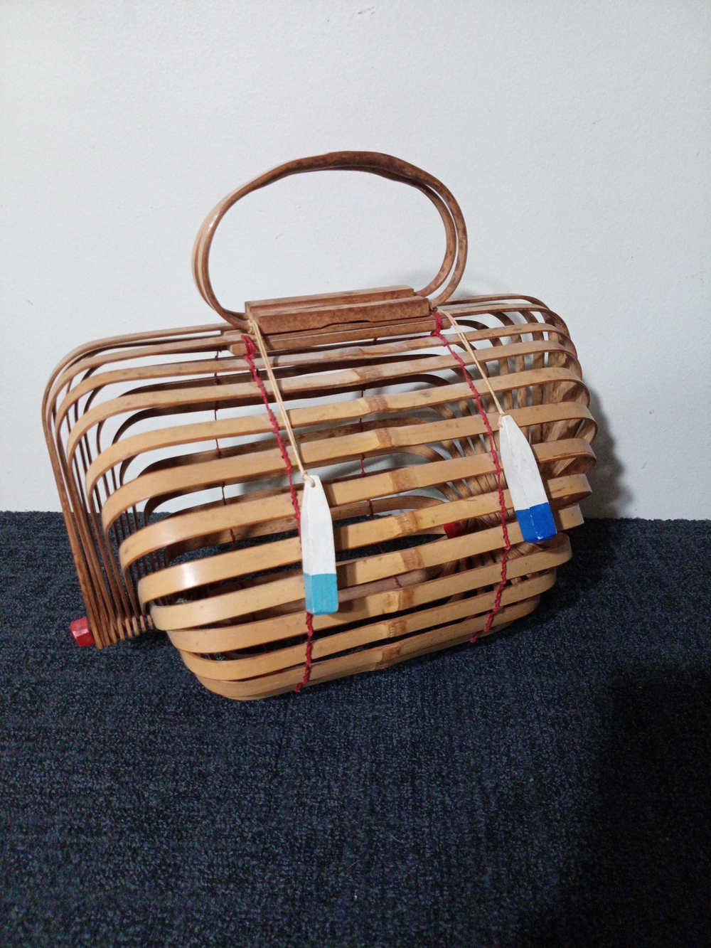 Handwoven Bamboo Tote Bag in Natural Brown with Blue Accents